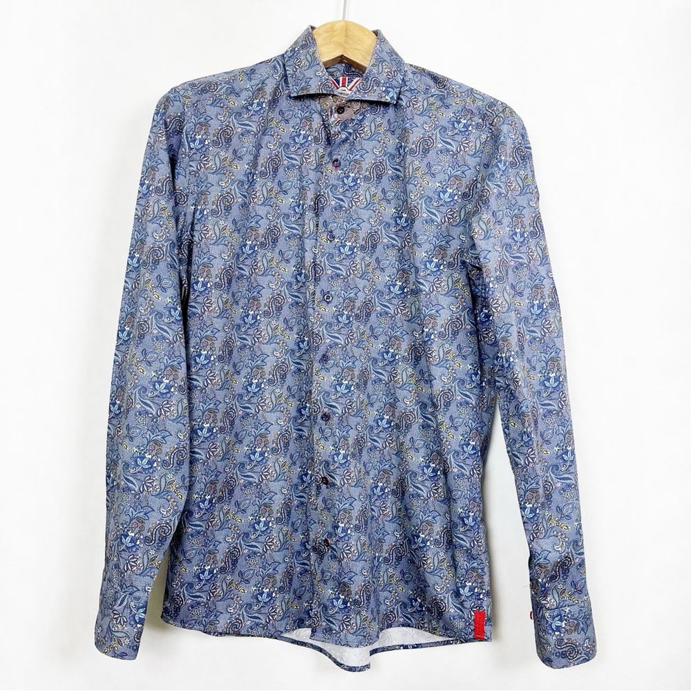 7 Downie St. Men Blue Floral Paisley Dress‎ Shirt Size Large Canadian Designer